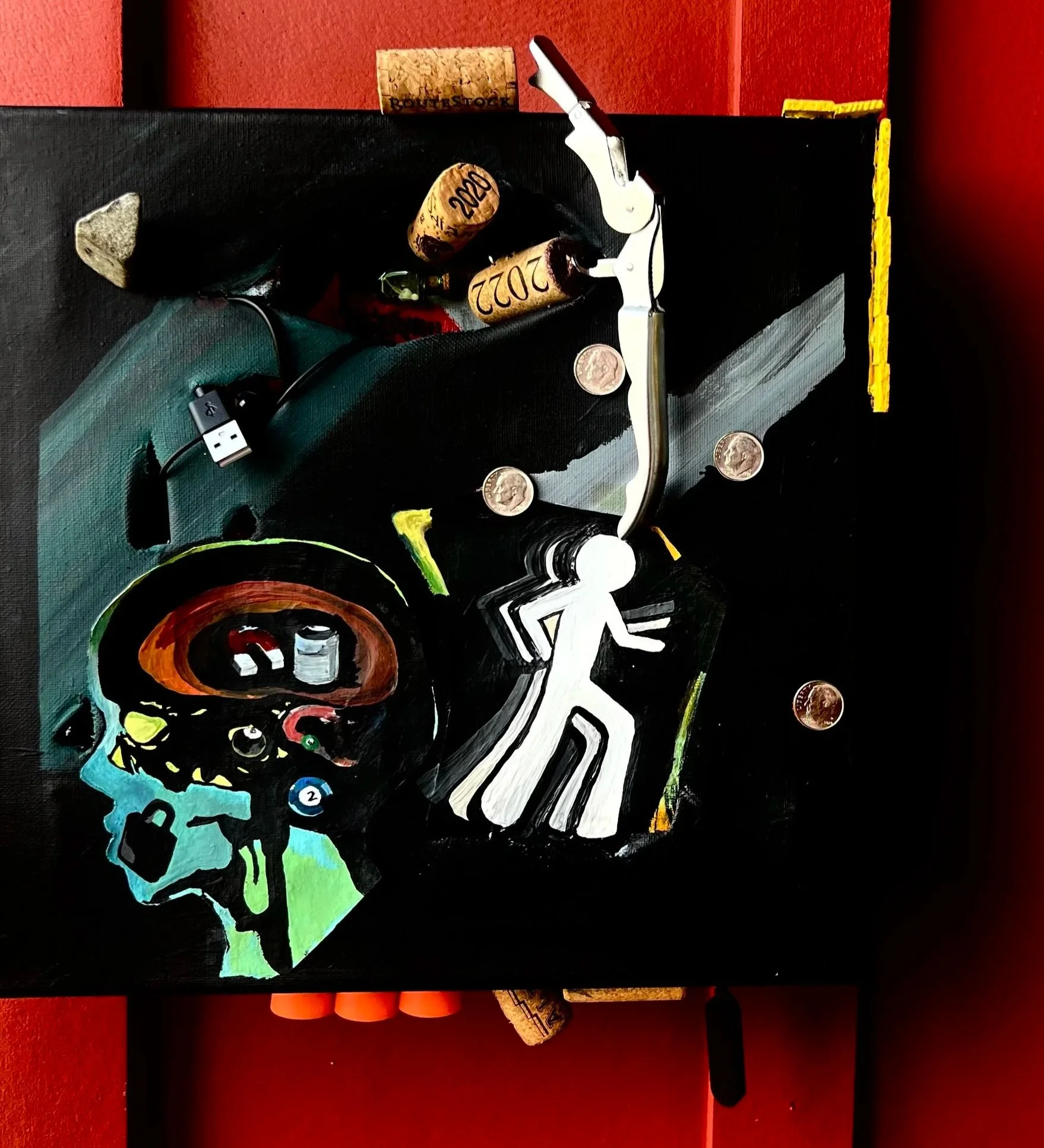 2x stacked 8x8 canvas'
4 reusable corks-personally opened by JYNZARI™
5 corks-personally opened by JYNZARI™
yellow wood panel
headphones from JYNZARI™ accident 
winekey from JYNZARI™
4 dimes
1 full animation