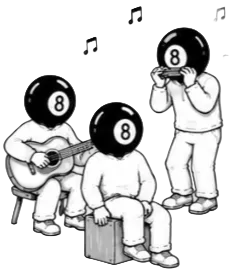 Three musicians with black 8-ball heads playing instruments