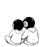Two children sitting side by side, facing away, with 8ball heads