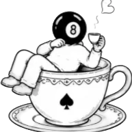 A surreal illustration of a person with an eight ball for a head, sitting inside a teacup, holding a drink in one hand