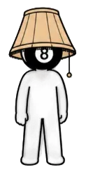 A cartoon figure with a lamp shade on its head, a black mask with the number 8, and a white body.