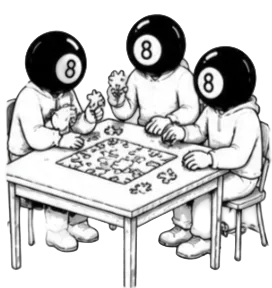 Three children with 8-ball faces sitting at a table playing a board game, with one child holding game pieces.