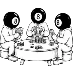 Three people with 8-ball heads sitting around a table playing cards and poker chips.