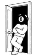 Cartoon of a person with a 8 pool ball for a head leaning against a doorframe