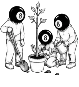 Three children with billiard ball heads planting a tree in a pot, using watering cans and tools.