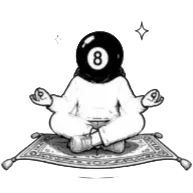 A humanoid figure with an eight-ball for a head, sitting in a meditative pose on a rug with a starry background and symbols around it.