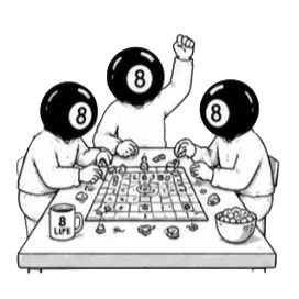Three people with 8-ball heads playing a board game at a table, with a can of 8 Life and a bowl nearby.
