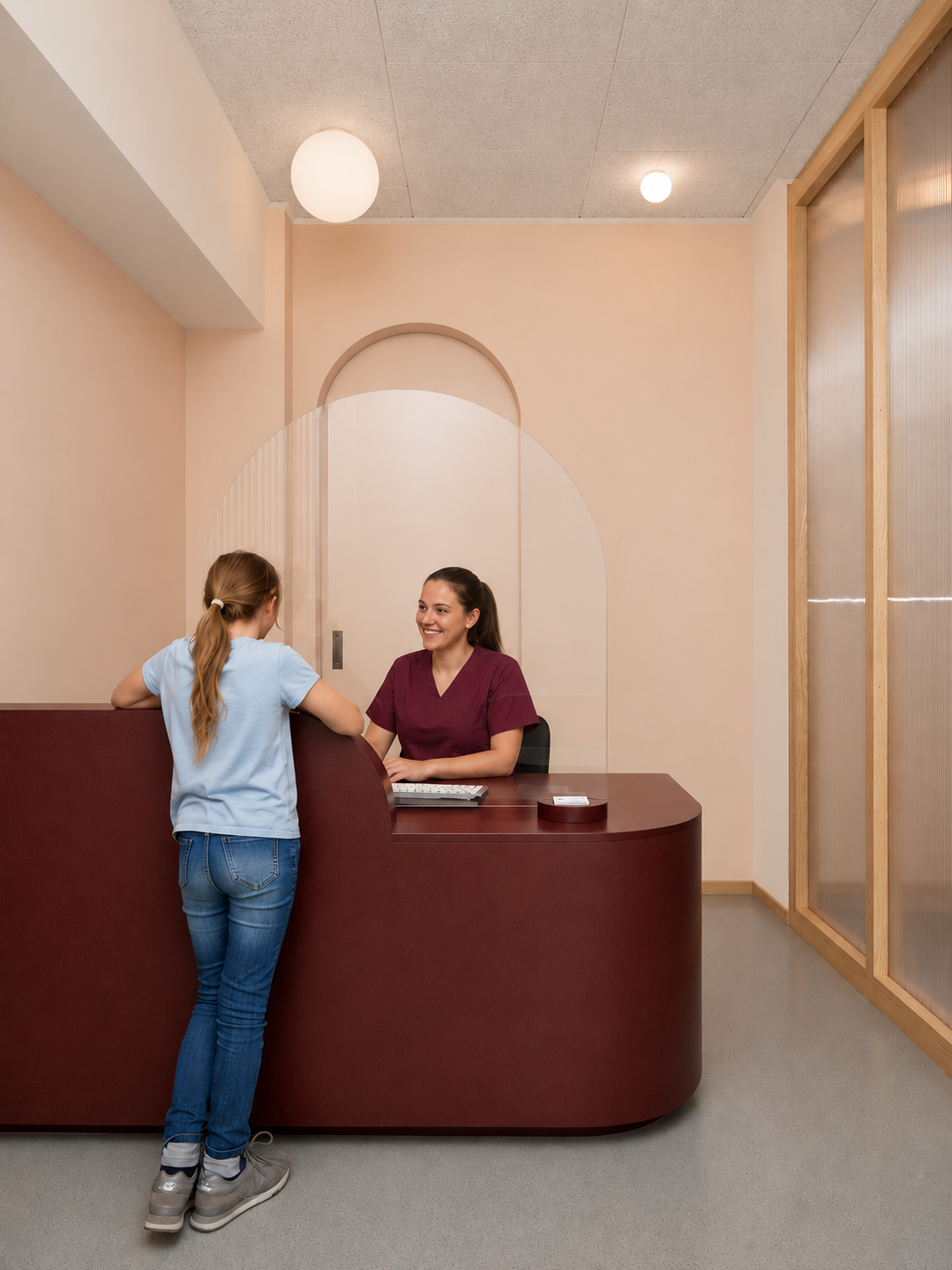 A young girl talking to a receptionist at a medical office reception desk, with a computer and a small tray on the desk. The setting has beige walls, a rounded wooden counter, and soft lighting.