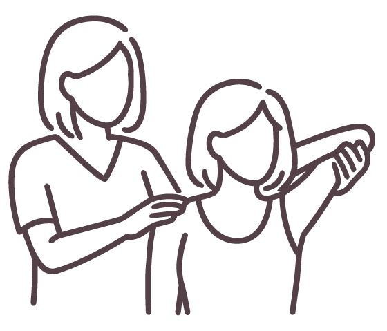 Line drawing of two women, one helping the other stretch her arm.