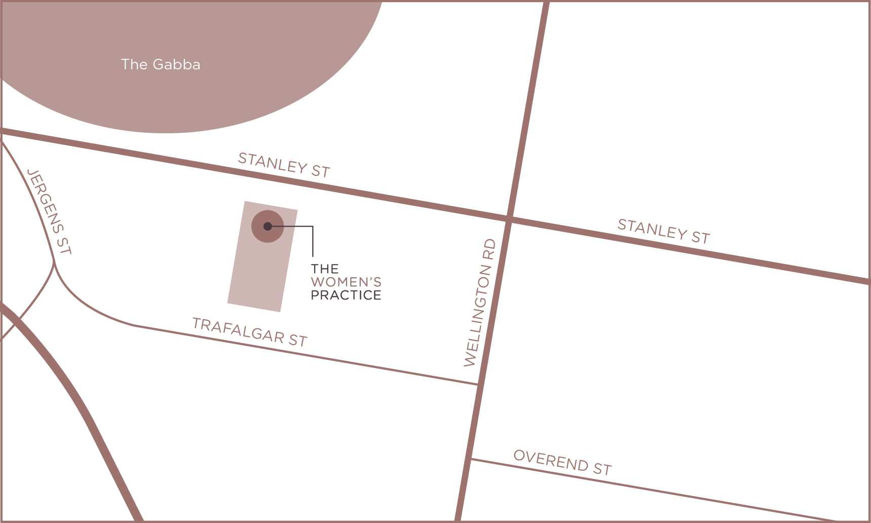 Map showing the location of The Women's Practice, near Wellingtion Road and Trafalgar Street, with nearby streets Stanley Street, Overend Street, and Jergens Street.