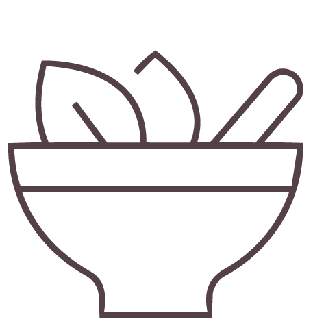 Outline of a bowl with leaves and a spoon inside.