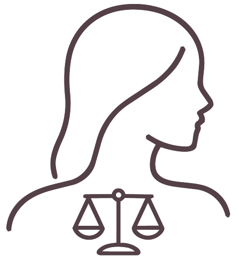 Silhouette of a woman's profile with scales of justice symbol below