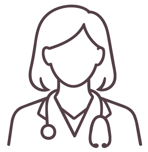 Outline drawing of a person with shoulder-length hair wearing a doctor's coat and stethoscope.