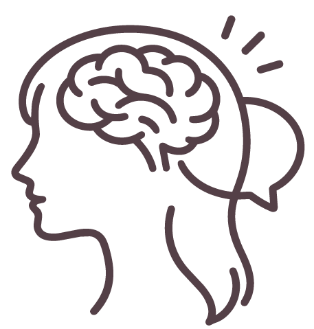 Line drawing of a woman's head in profile with a brain and speech bubble, representing thinking or communication.