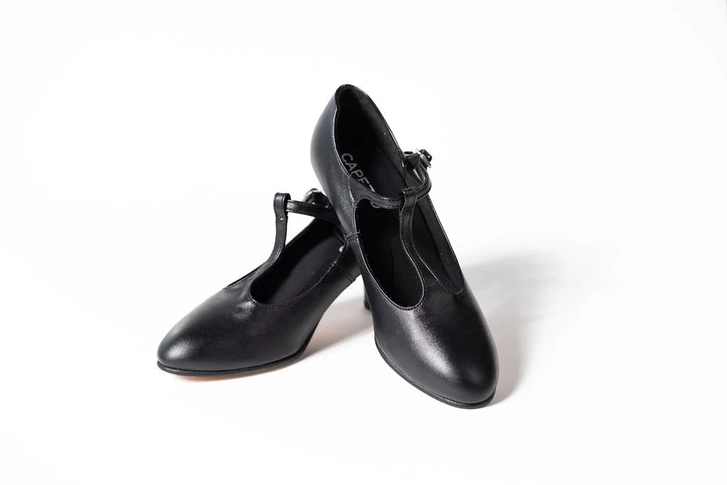 Pair of black Mary Jane style high-heeled shoes on white background