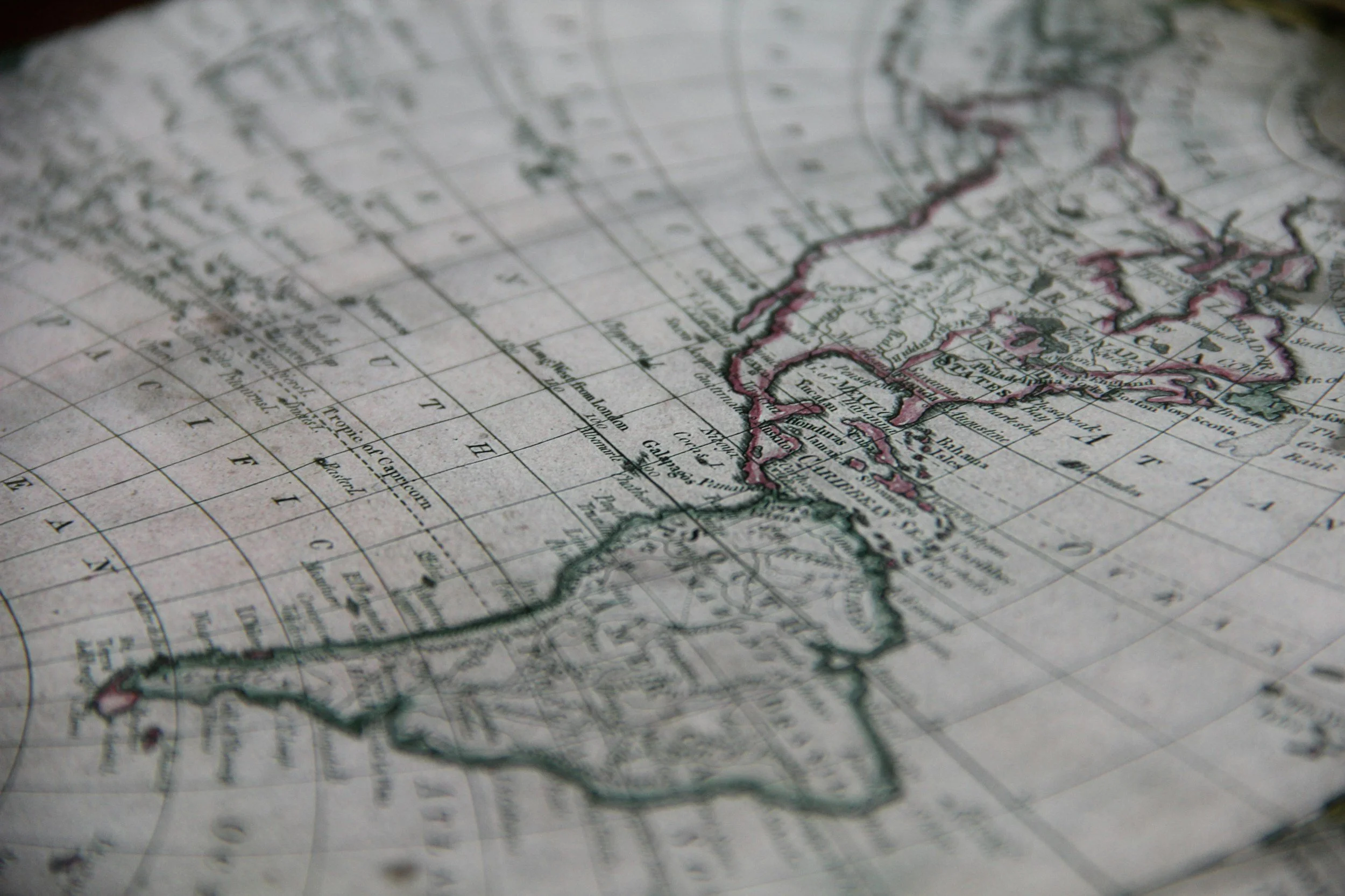 Historical map showing North America, Greenland, and surrounding regions with country borders outlined in pink.