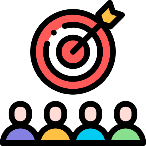 Illustration d'une cible avec une flèche en plein centre, symbolisant l'atteinte d'un objectif, accompagnée de cinq icônes colorées en dessous représentant différentes personnes.