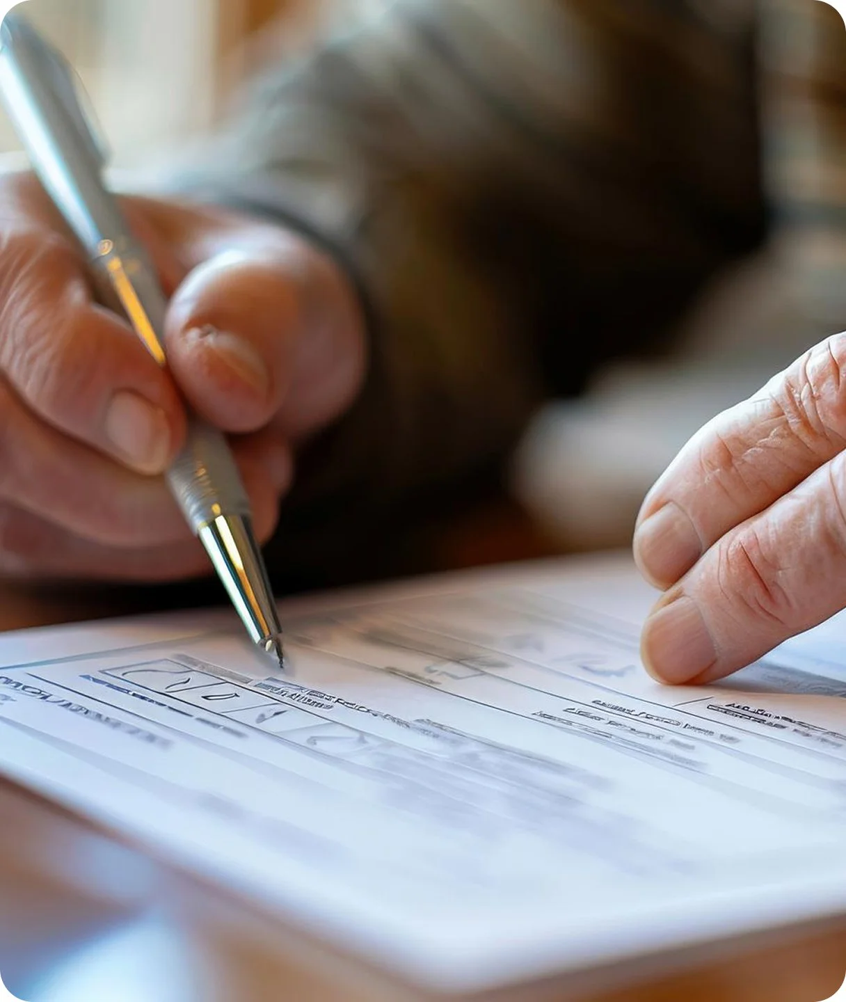 Close-up of a person's hands signing a check with a silver pen on a wooden surface.