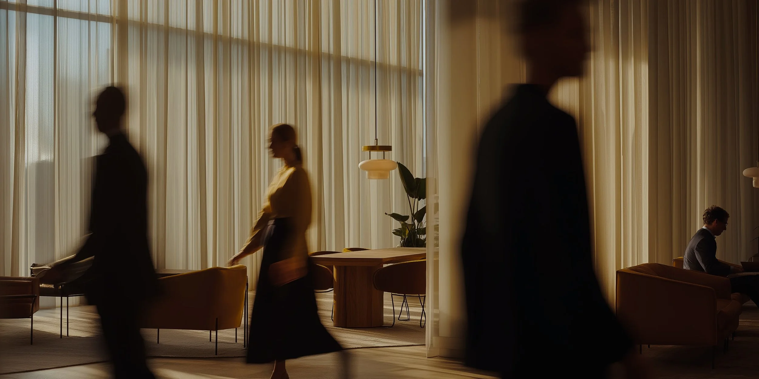 People walking in an office lobby with large floor-to-ceiling windows, curtains, a table, chairs, and a person seated at a desk.