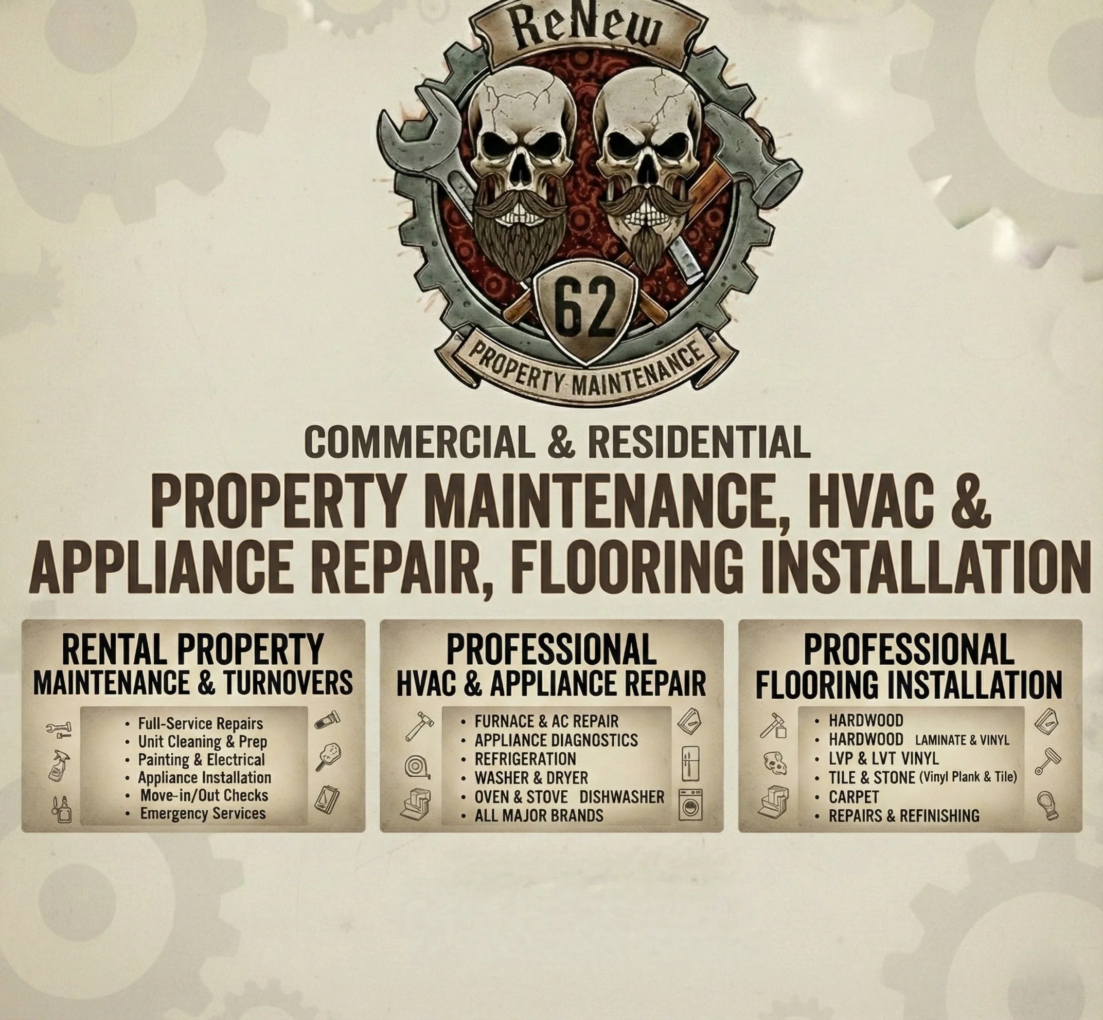The logo features two skulls with beards and mustaches, surrounded by wrenches, hammers, and gear icons. The text above reads 'ReNew,' and below the shield displays '62'. The overall theme suggests a focus on property maintenance and repair services.