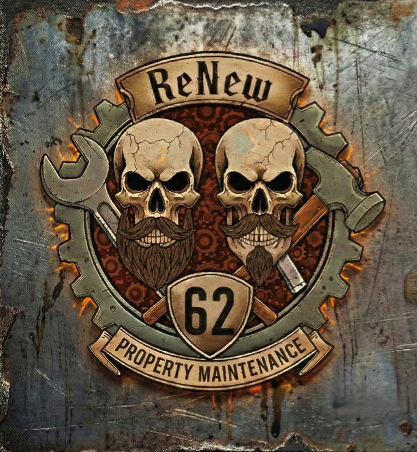 A metal emblem with a rugged, industrial look displaying two skulls with beards and mustaches, surrounded by a gear-like border. The skulls are wearing mustaches and are positioned above a shield with the number 62. Above the skulls, a banner reads 'Renew,' and below, a banner states 'Property Maintenance.'