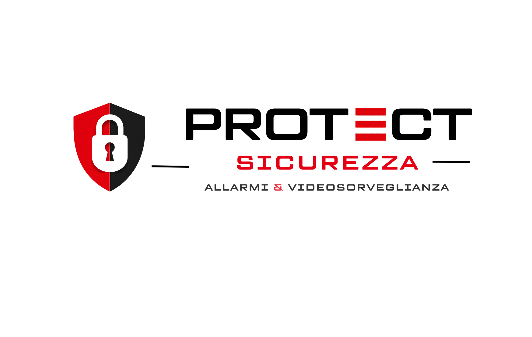 Logo con scudo rosso e nero con lucchetto bianco al centro, testo in italiano e inglese sul tema della sicurezza informatica.