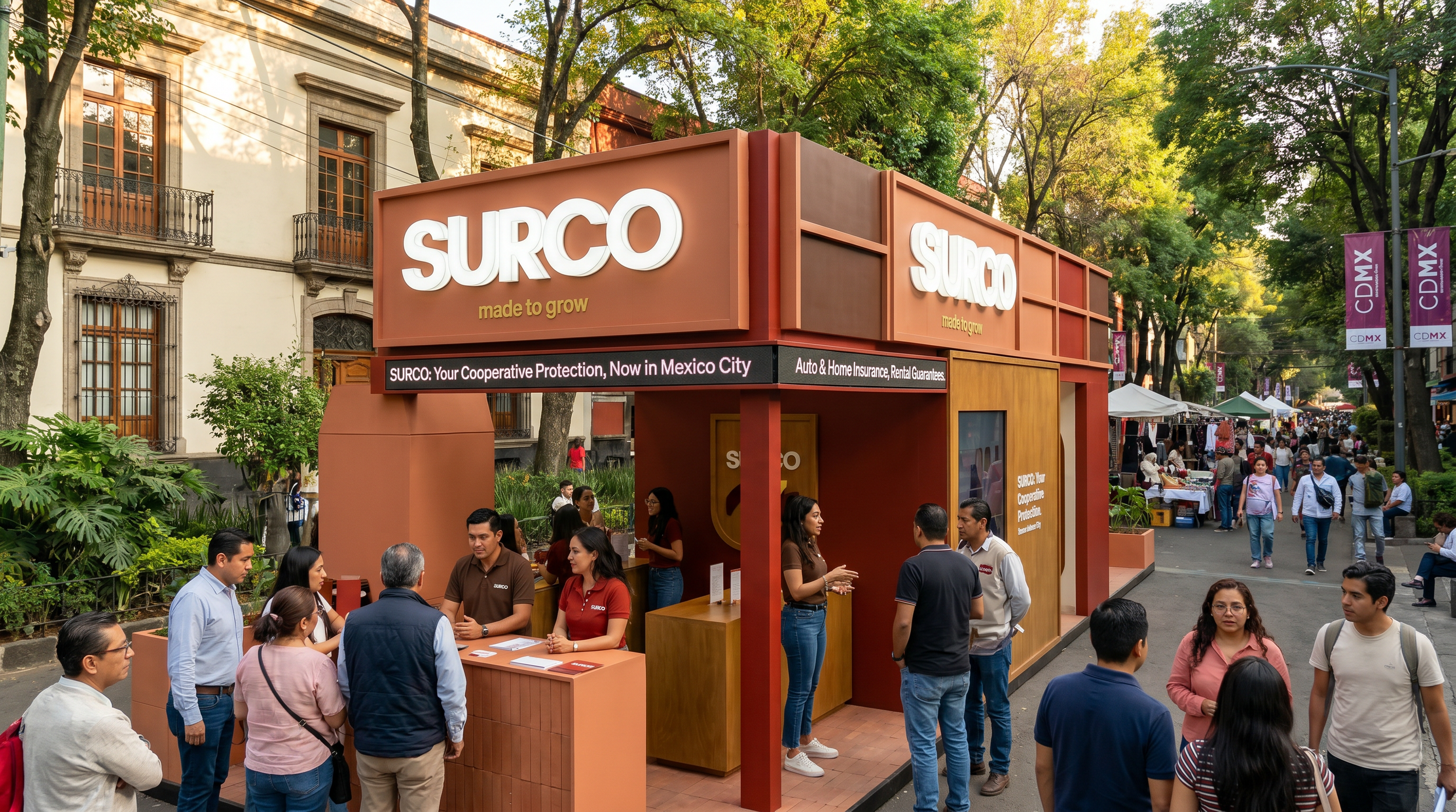A busy outdoor street fair in Mexico City with a SURCO booth, surrounded by trees and historic buildings. People gather around the booth and along the street lined with vendor tents.