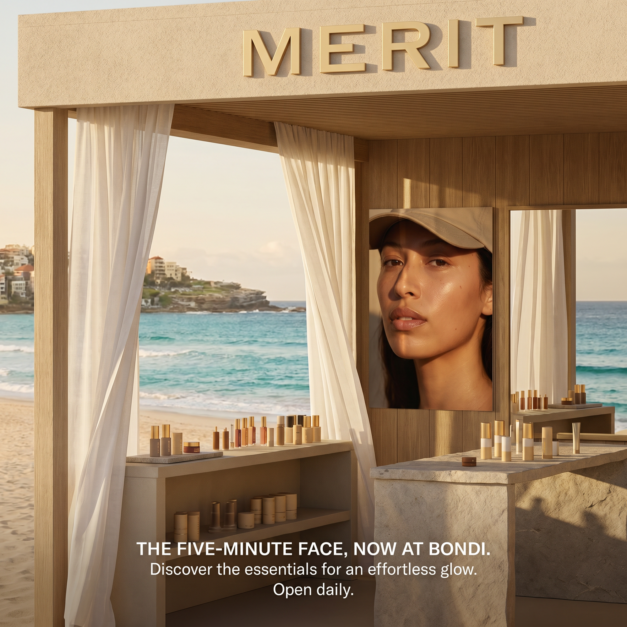 A beachside outdoor beauty booth with wooden frame and white curtains, displaying various skincare products on shelves, with the ocean and cityscape in the background. Overlaid text promotes a five-minute facial treatment and skincare products.