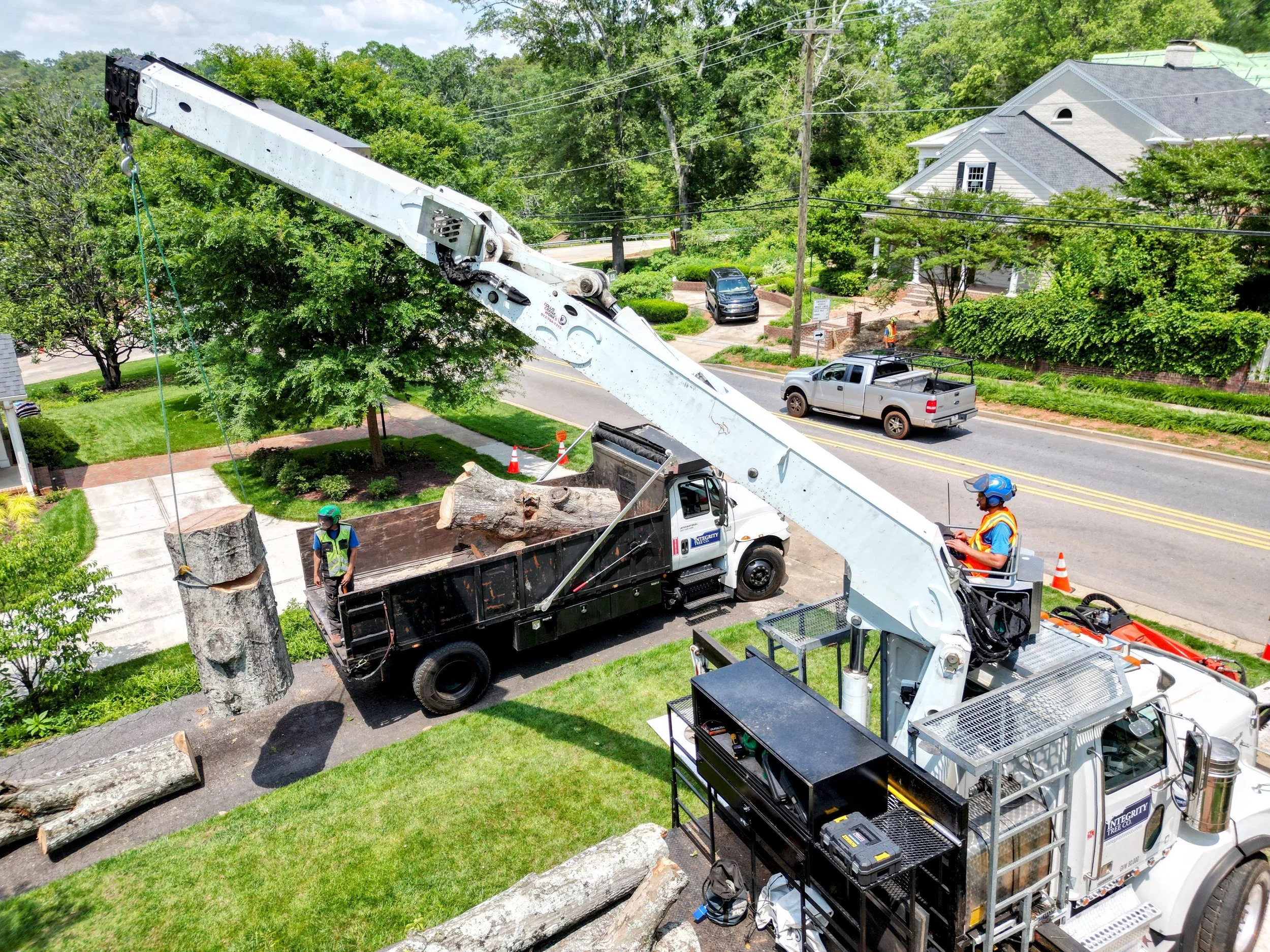 A crane lifting a large tree trunk onto a truck while workers manage the tree removal. Residential houses, trees, and power lines are visible in the background.