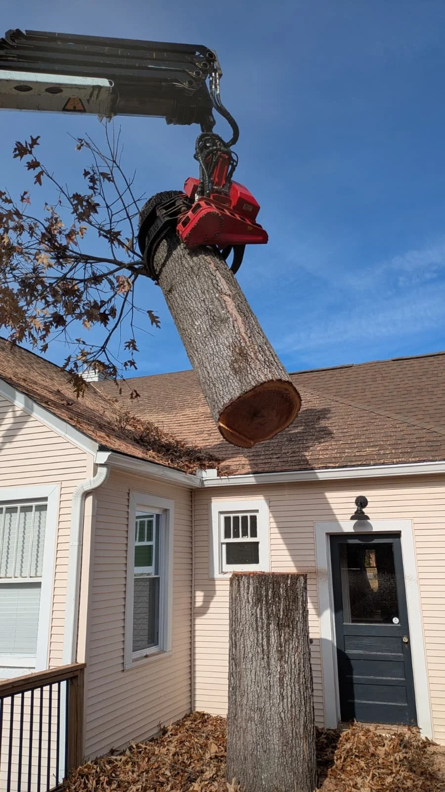 A tree-cutting machine, or grapplesaw, is removing a large tree from a residential yard, with the tree log suspended in mid-air near a house with beige siding and a dark blue door.
