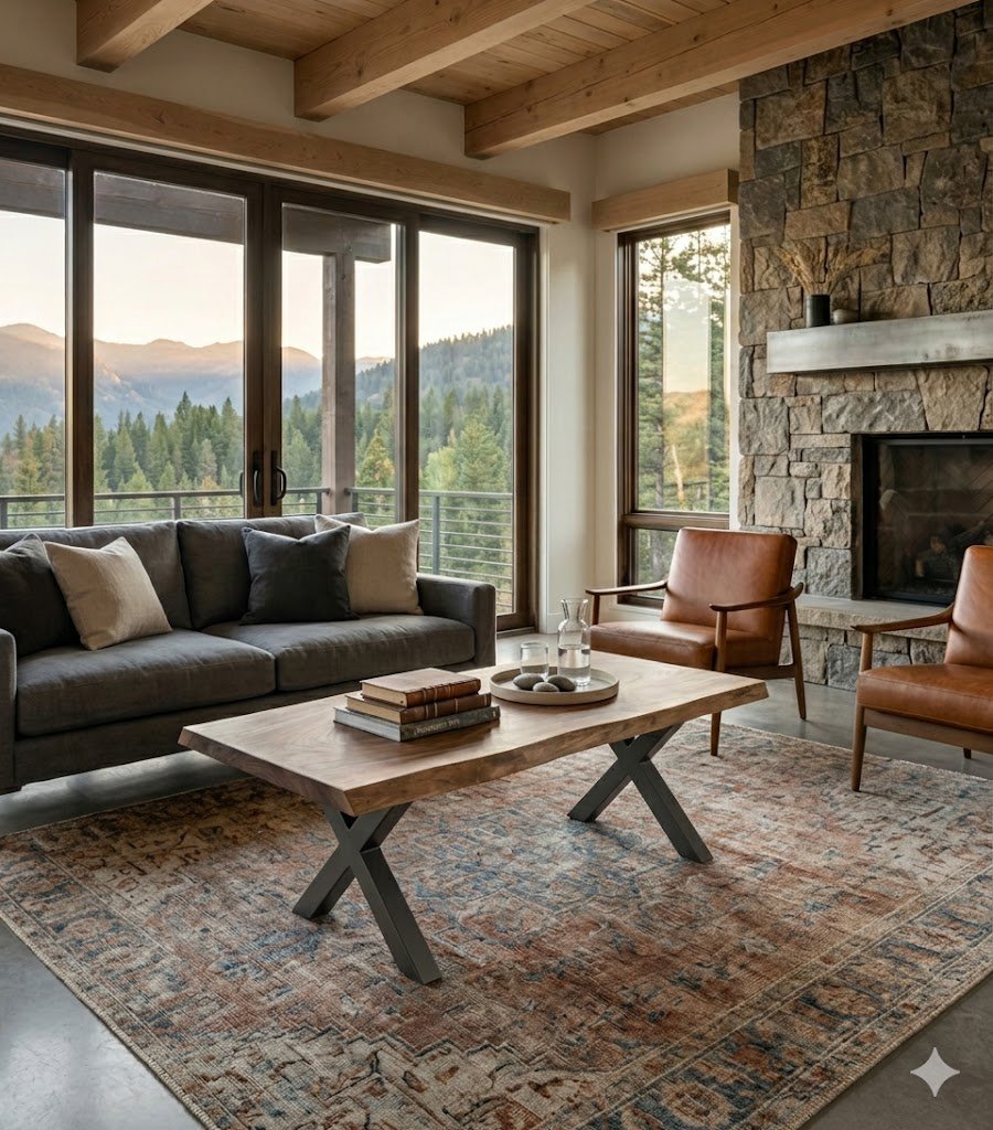 Living room with large glass doors showing mountain and forest view, a gray sofa with pillows, two tan armchairs, a wooden coffee table, a stone fireplace, and a patterned rug.