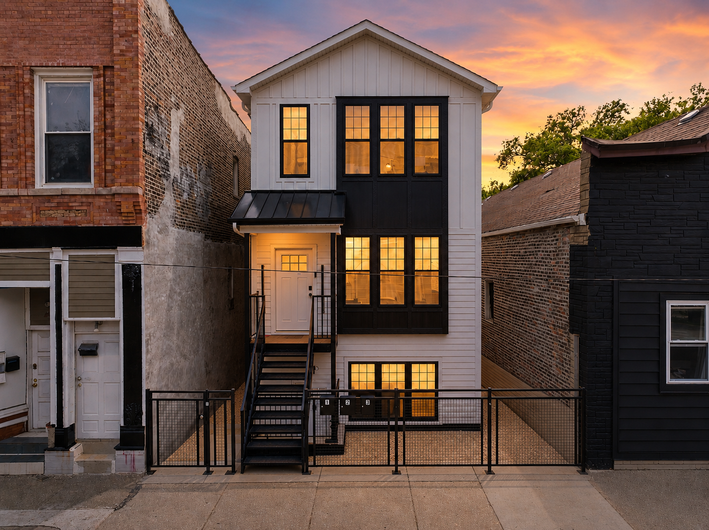 A modern narrow three-story house with large yellow lit windows, a white exterior, black accents, and stairs leading to the front door, set against a colorful sunset sky.