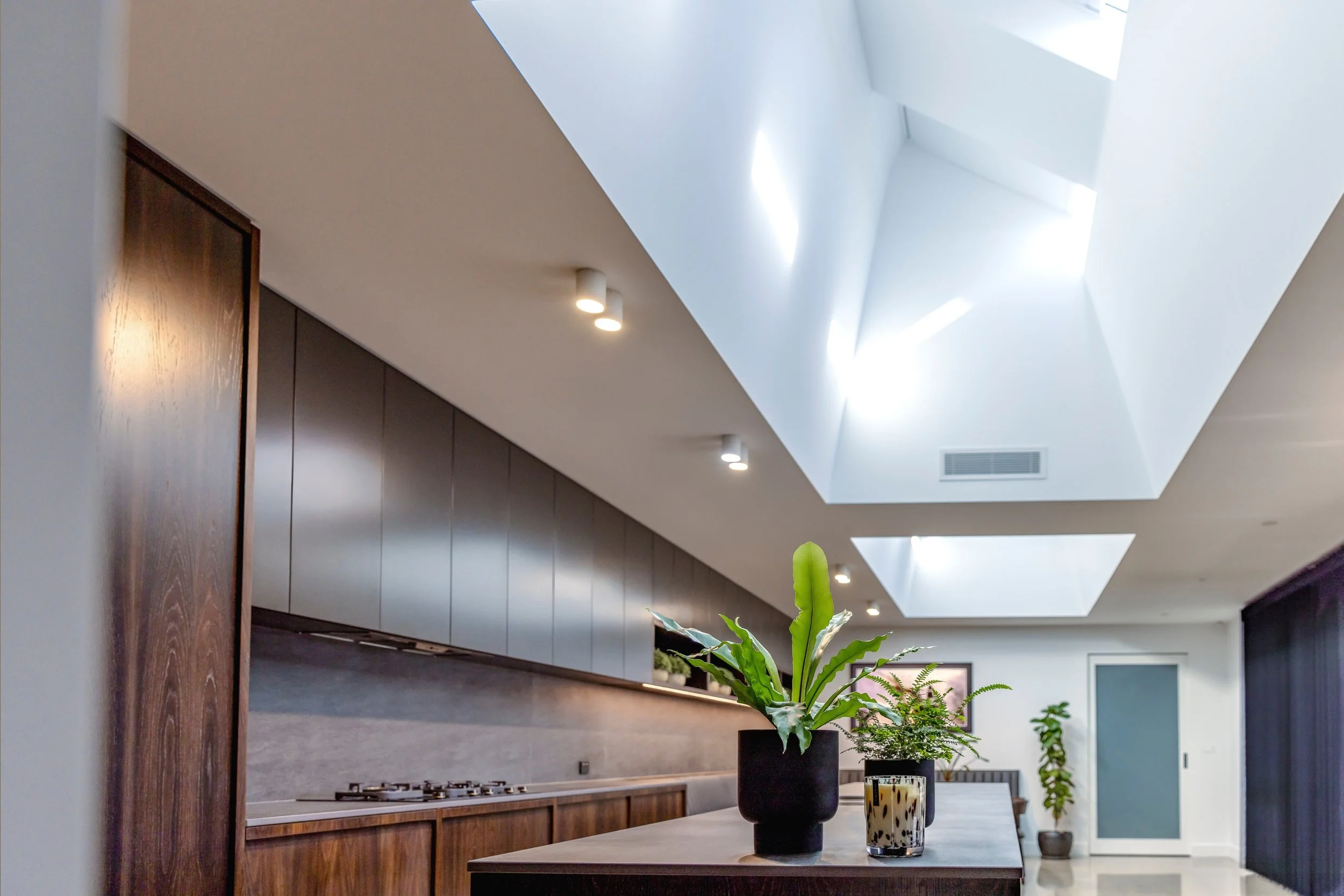 Indoor modern kitchen and dining area with potted plants on a table, illuminated by ceiling and skylight lights.