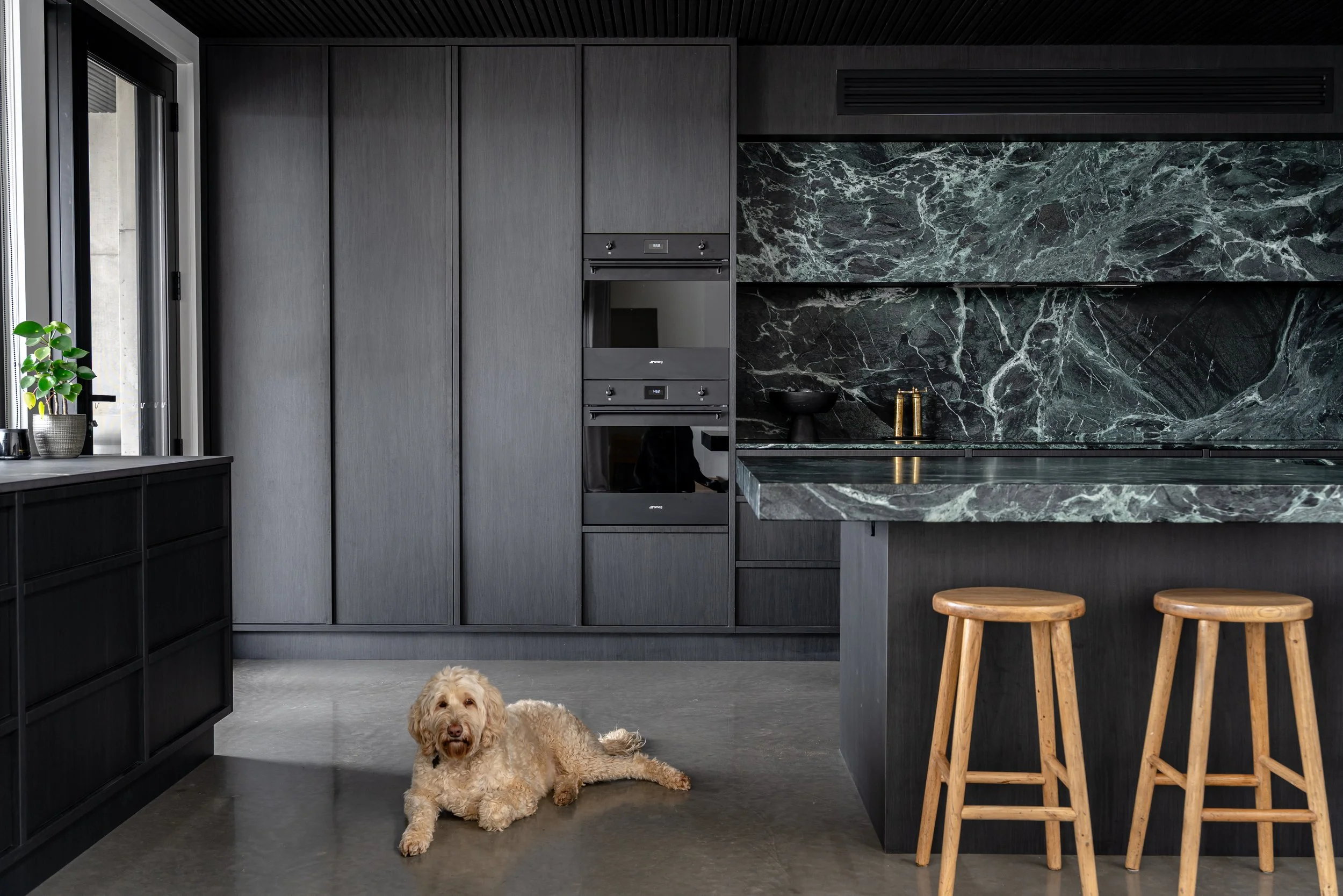 A beige dog lying on a gray floor in a modern kitchen with dark cabinets, black marble backsplash, and wooden stools.