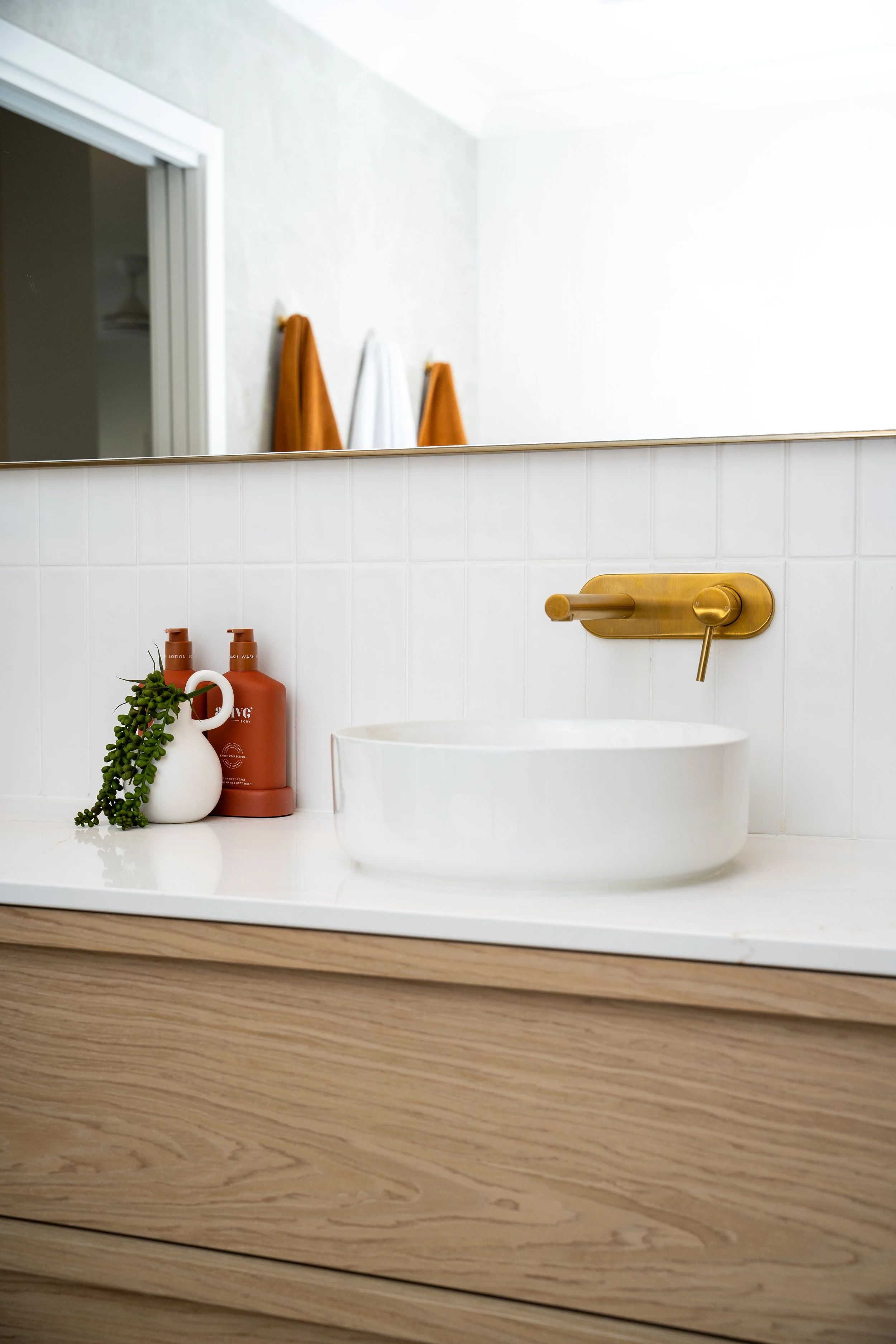 Close-up of a bathroom vanity with a white vessel sink, a brass faucet, and decorative pump bottles along with a white vase containing a green plant.