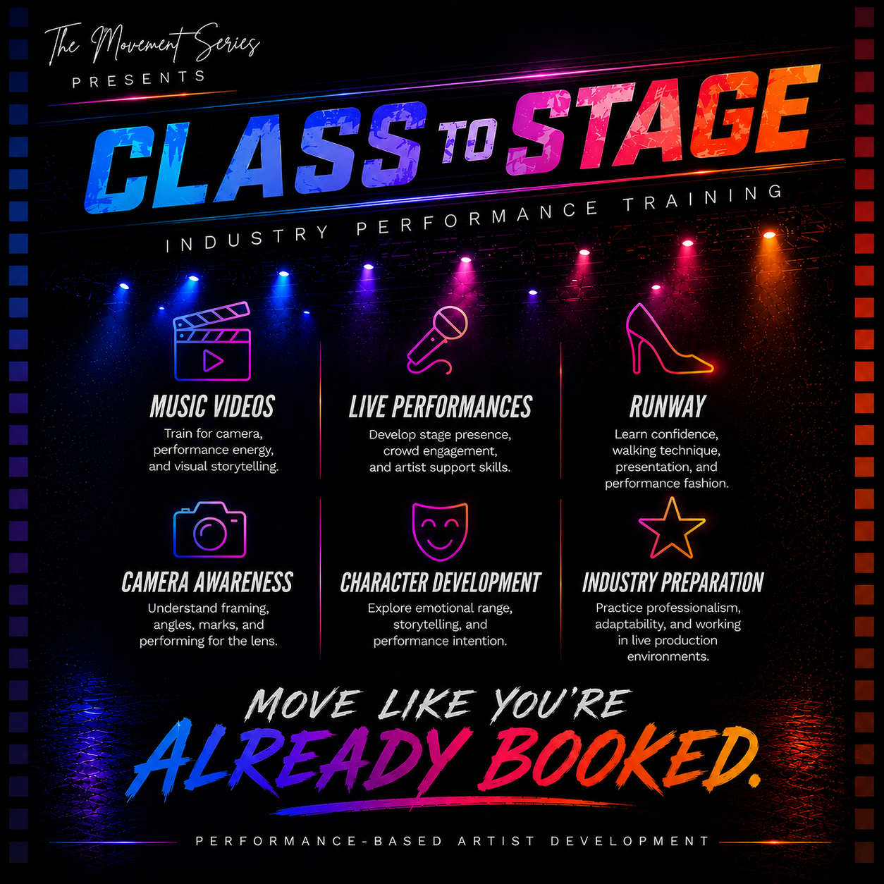 Poster for The Movement Series industry performance training, titled 'Class to Stage,' featuring categories: Music Videos, Live Performances, Runway, Camera Awareness, Character Development, and Industry Preparation; with the slogan 'Move like you're already booked'.