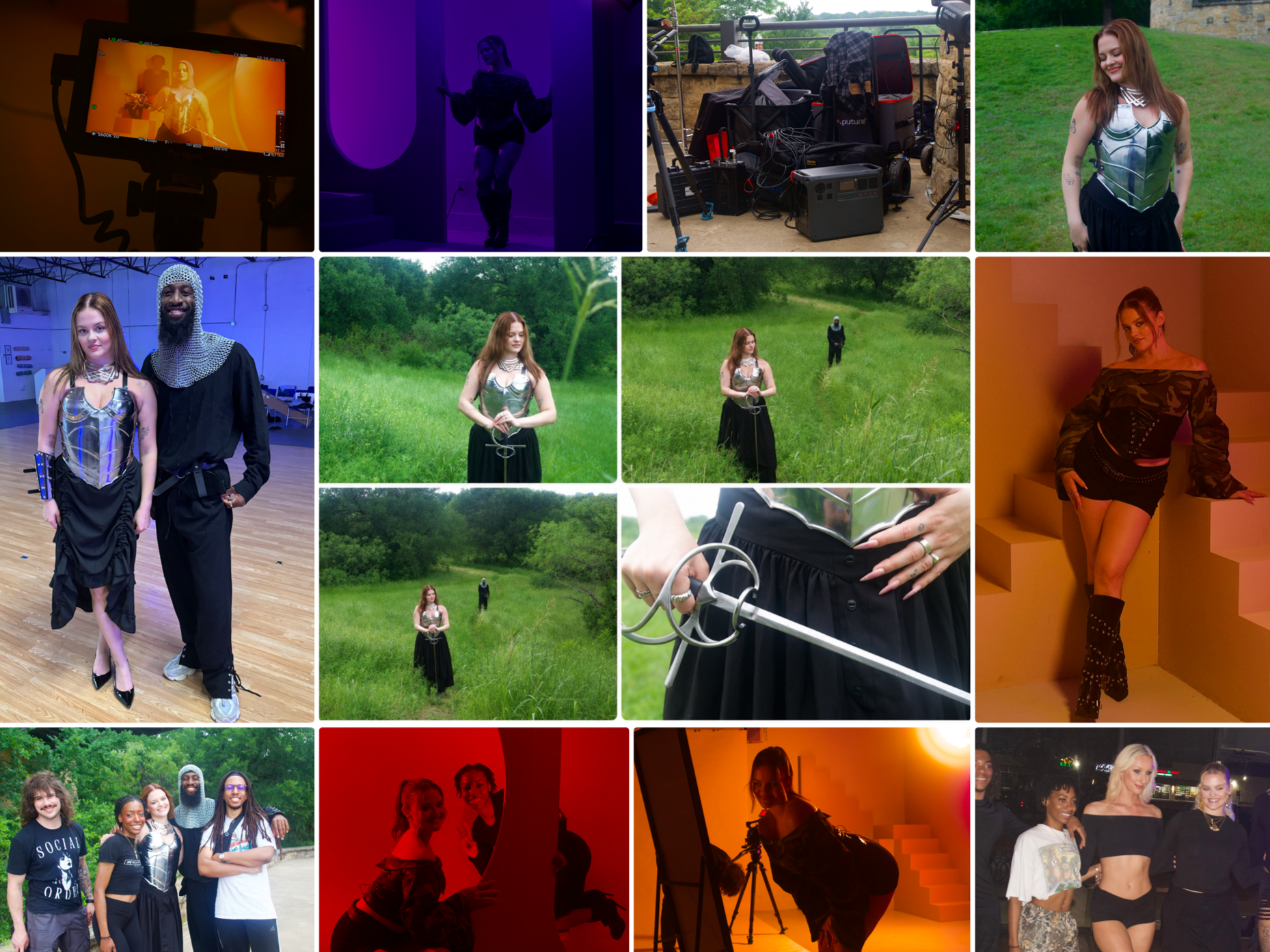 Collage of behind-the-scenes photos of a young woman preparing for a photoshoot and filming, including scenes in nature, studio, and indoor settings with lighting, crew, costumes, and multiple poses.