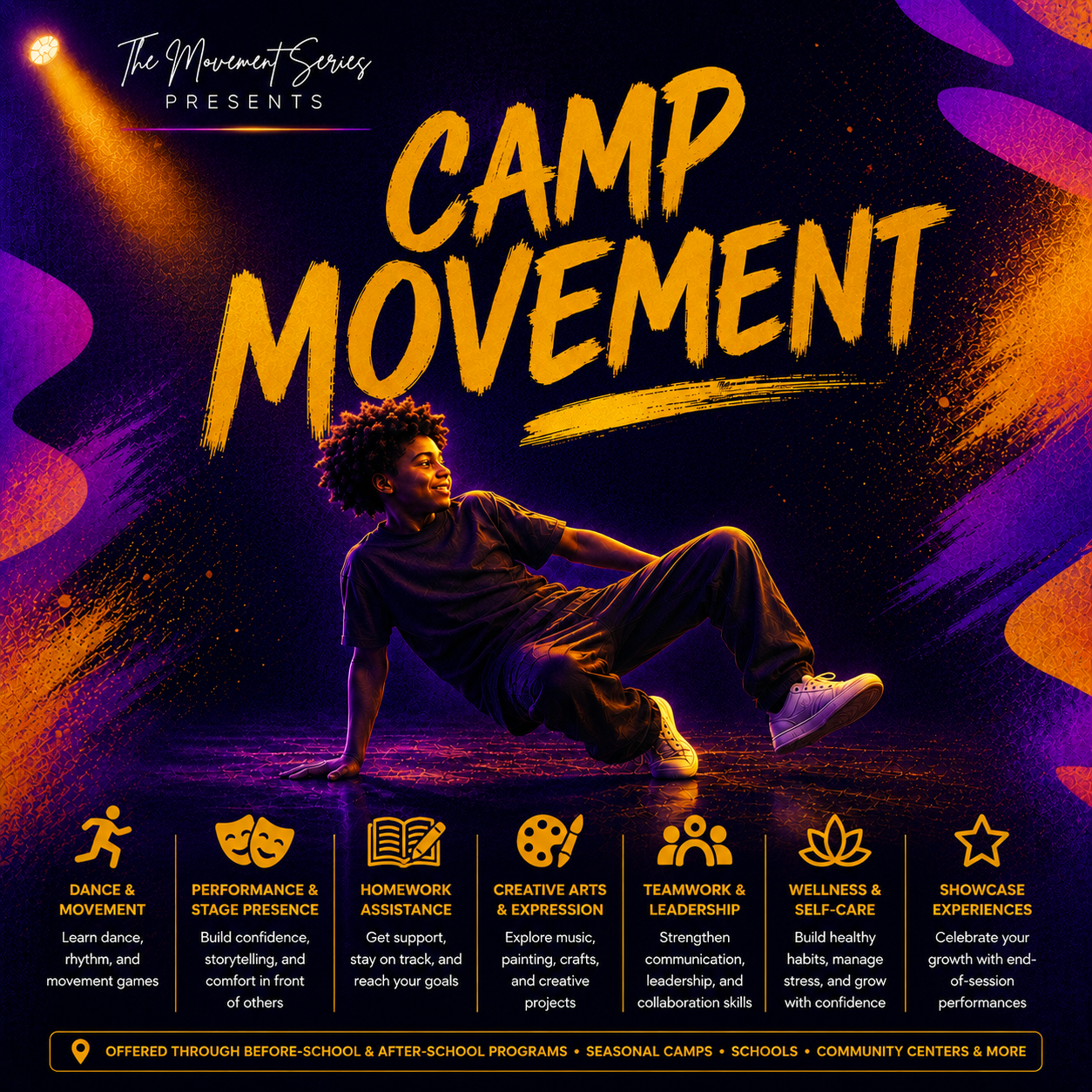Poster for 'Camp Movement,' part of The Movement Series, featuring a person in a breakdancing pose with a dark purple and orange background. The poster highlights activities like dance, performance, homework help, creative arts, teamwork, wellness, and showcases, with icons and descriptions for each. It mentions programs offered through before- and after-school, seasonal camps, schools, and community centers.
