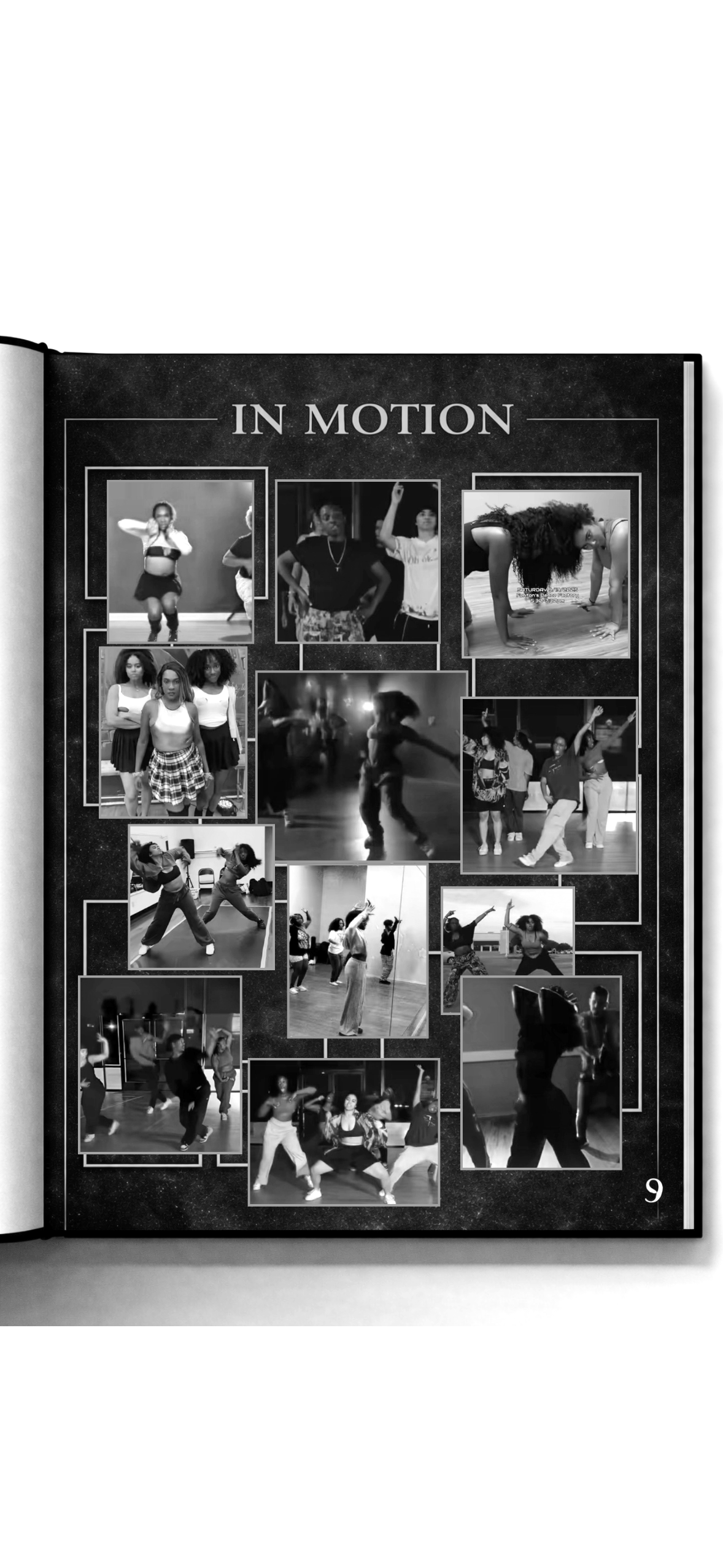 A collage of black and white photos showing people dancing and practicing dance routines, under the heading "IN MOTION."