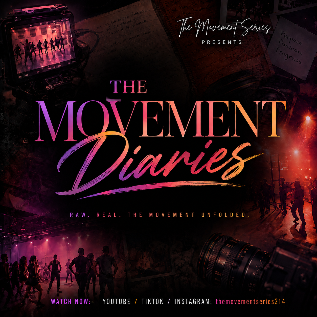 Promotional poster for 'The Movement Diaries' showing scenes from dance events, photographs of dancers, and camera equipment with vibrant pink, purple, and orange lighting. Text indicates streaming platforms and a social media handle.