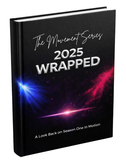A book titled 'The Movement Series 2025 WRAPPED' with a subtitle 'A Look Back on Season One in Motion' featuring a cosmic background with colorful light streaks.