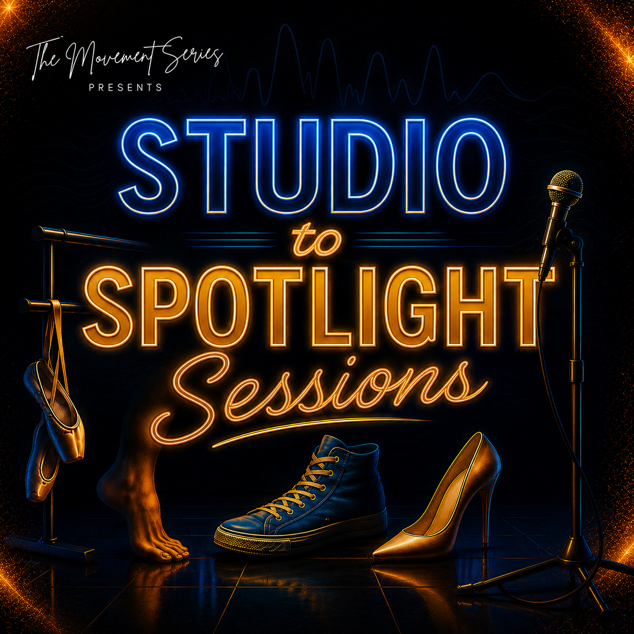 Neon sign reading 'Studio to Spotlight Sessions' with shoes, a microphone, and stage equipment against a dark background.