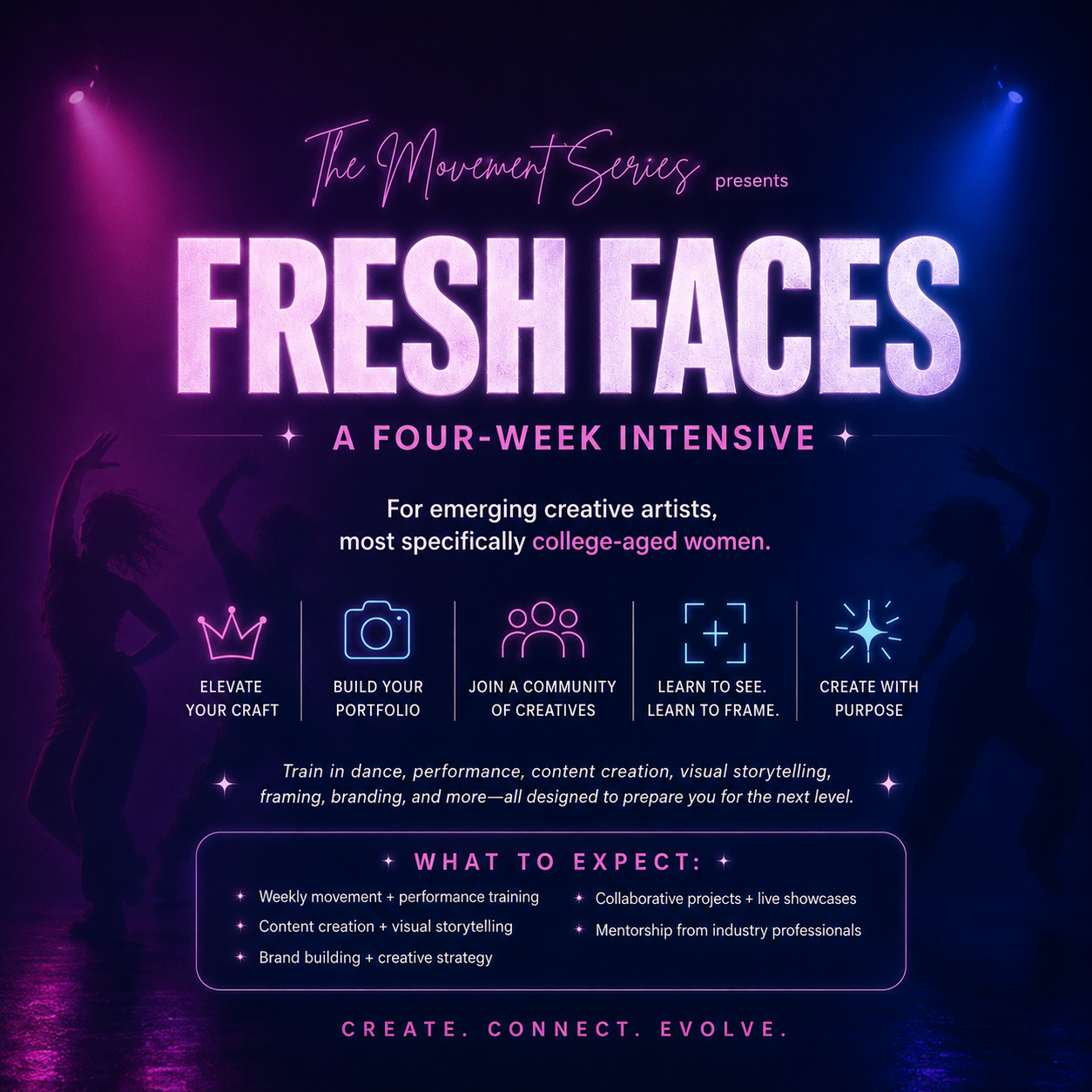 Poster for 'FRESH FACES,' a four-week intensive program by The Movement Series targeting emerging creative artists, especially college-aged women. Features include elevating craft, building portfolio, joining a community, learning to see and frame, creating with purpose, with details on weekly activities, projects, mentorship, and goals to create, connect, and evolve.