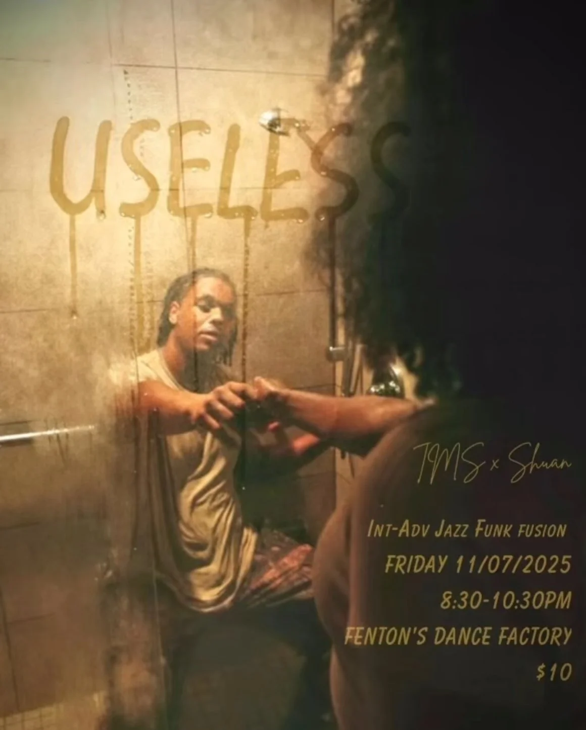 A person looking through a foggy glass door with the word 'Use Less' written on it, adjusting the sleeve of another person.