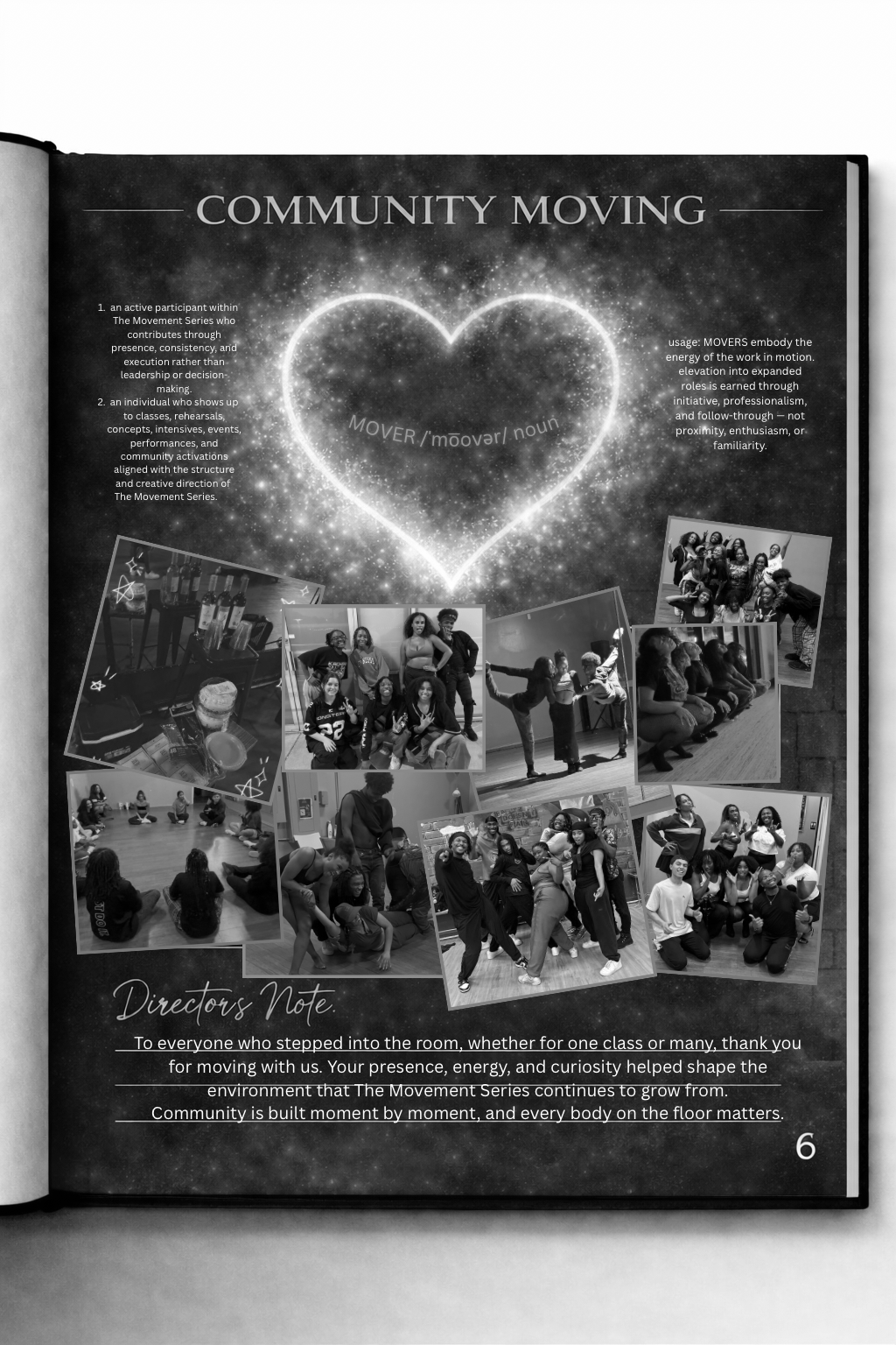 Page from a magazine or booklet about community moving, featuring a glowing heart illustration, definitions, and multiple photos of people participating in activities and group events.