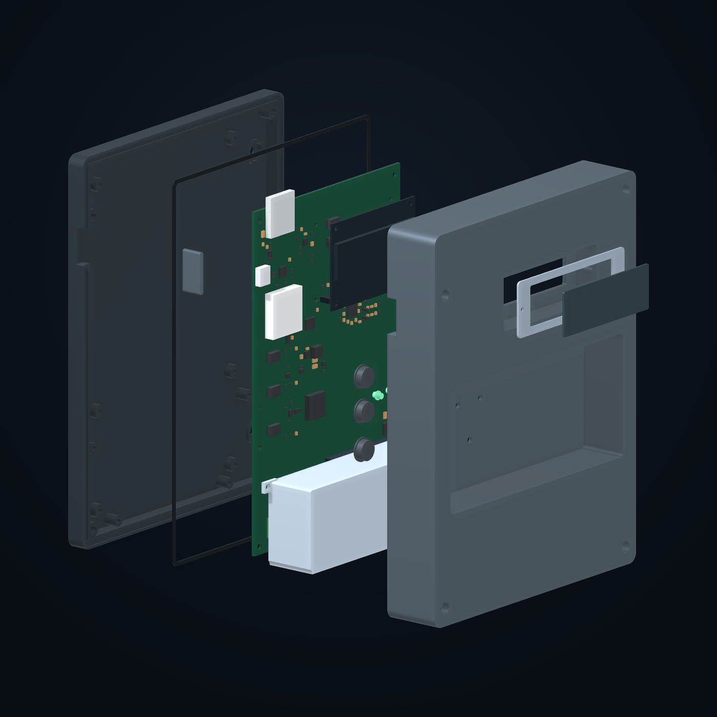 Exploded CAD render of the MBT-2 badge terminal, separating the front housing, electronics and rear housing.