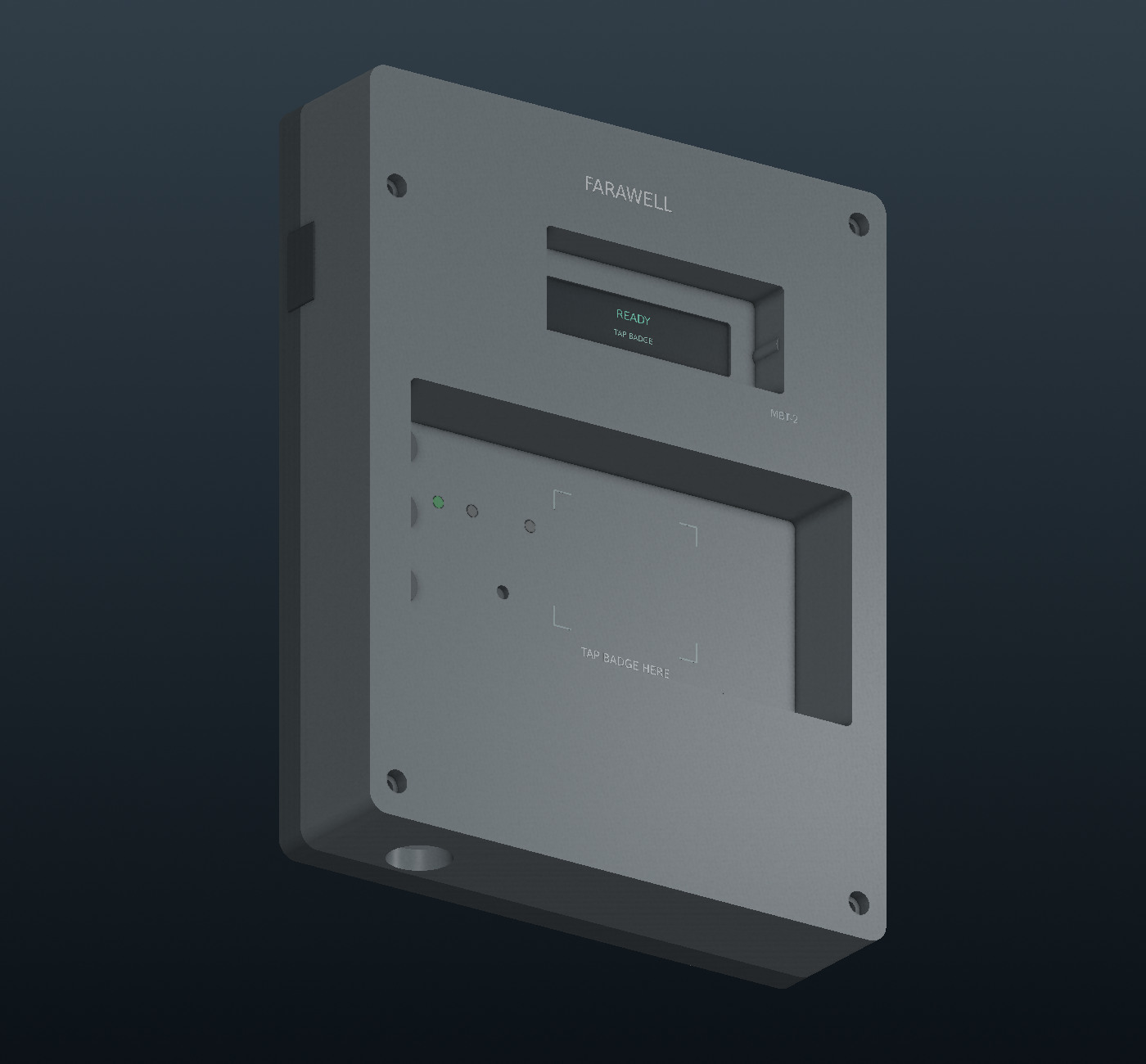Farawell MBT-2 maintenance badge terminal enclosure, engineering CAD render.