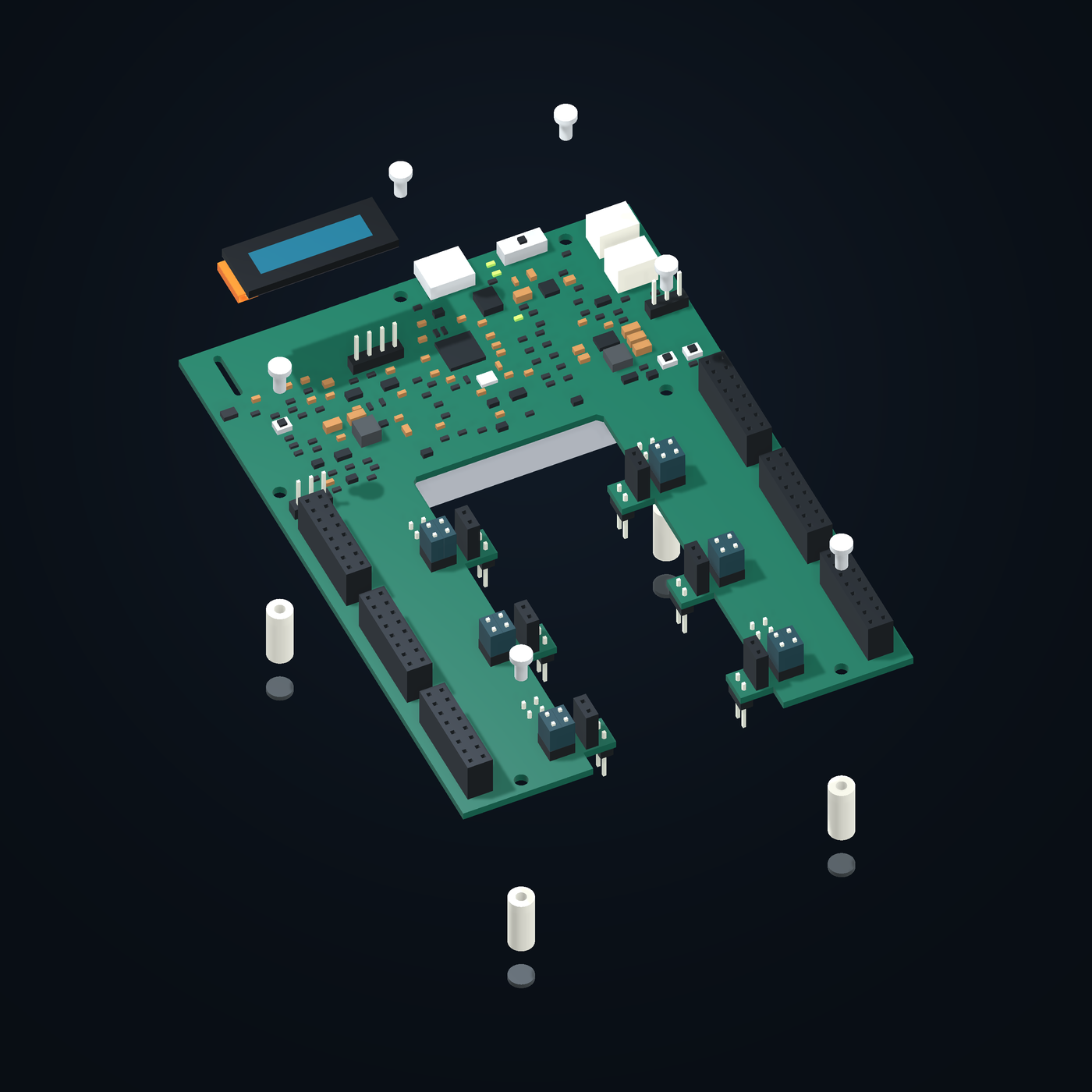 Studio CAD render of the BCB-1 controller, with the OLED, U-shaped circuit board, fasteners and spacers separated to show the assembly.