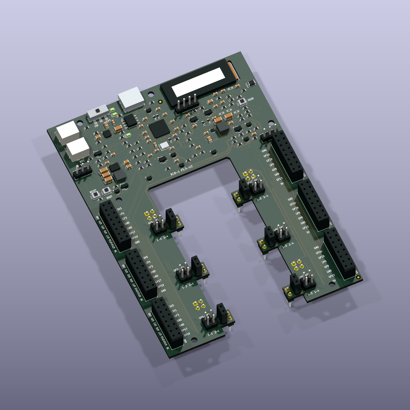 Farawell BCB-1 U-shaped breadboard controller with RP2040 electronics, OLED and expansion headers, KiCad 3D preview.