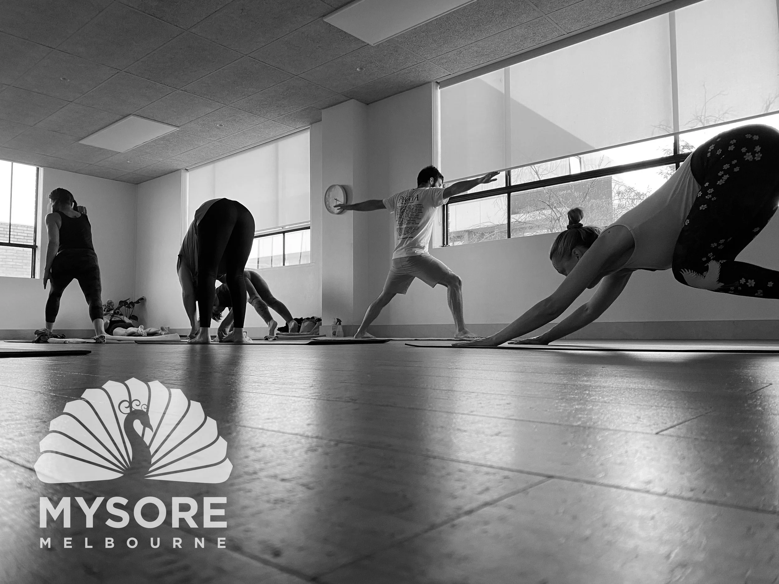 People practicing yoga individually in a group setting - a Mysore-Style Ashtanga yoga class.
